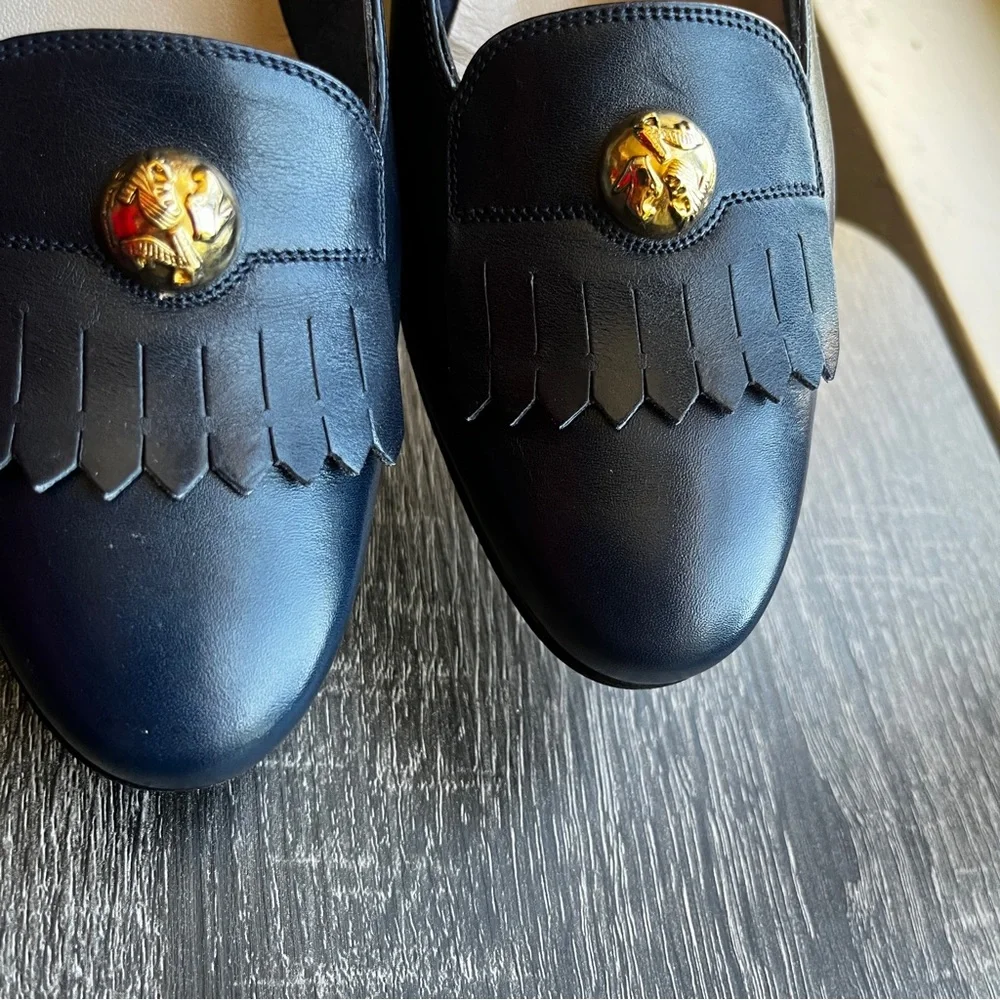 Salvatore Ferragamo Navy Button Detail Logo Fringe Penny Loafers 6.5 2A